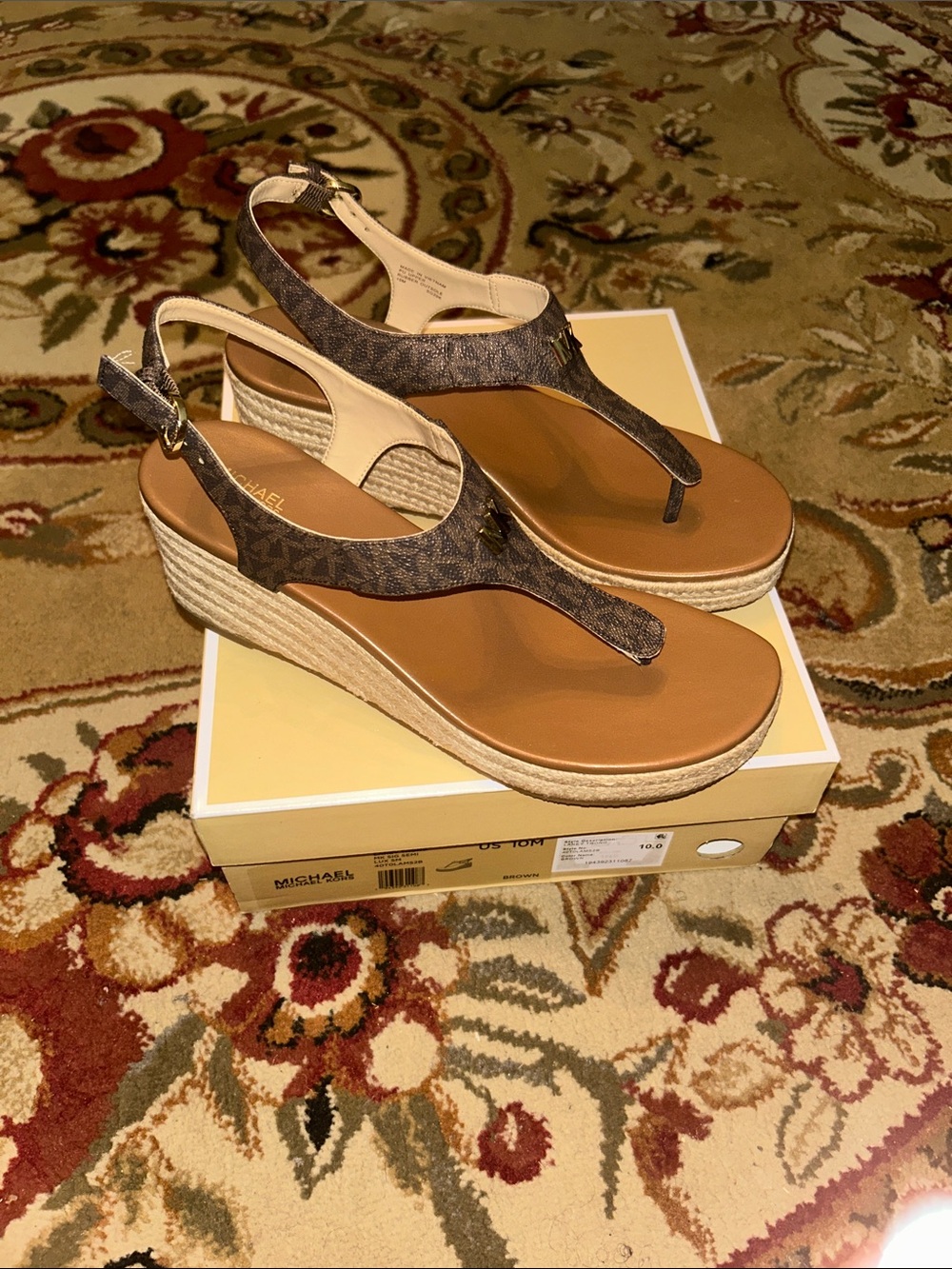 Michael Kors Brown Monogram Wedge Thong Sandals
